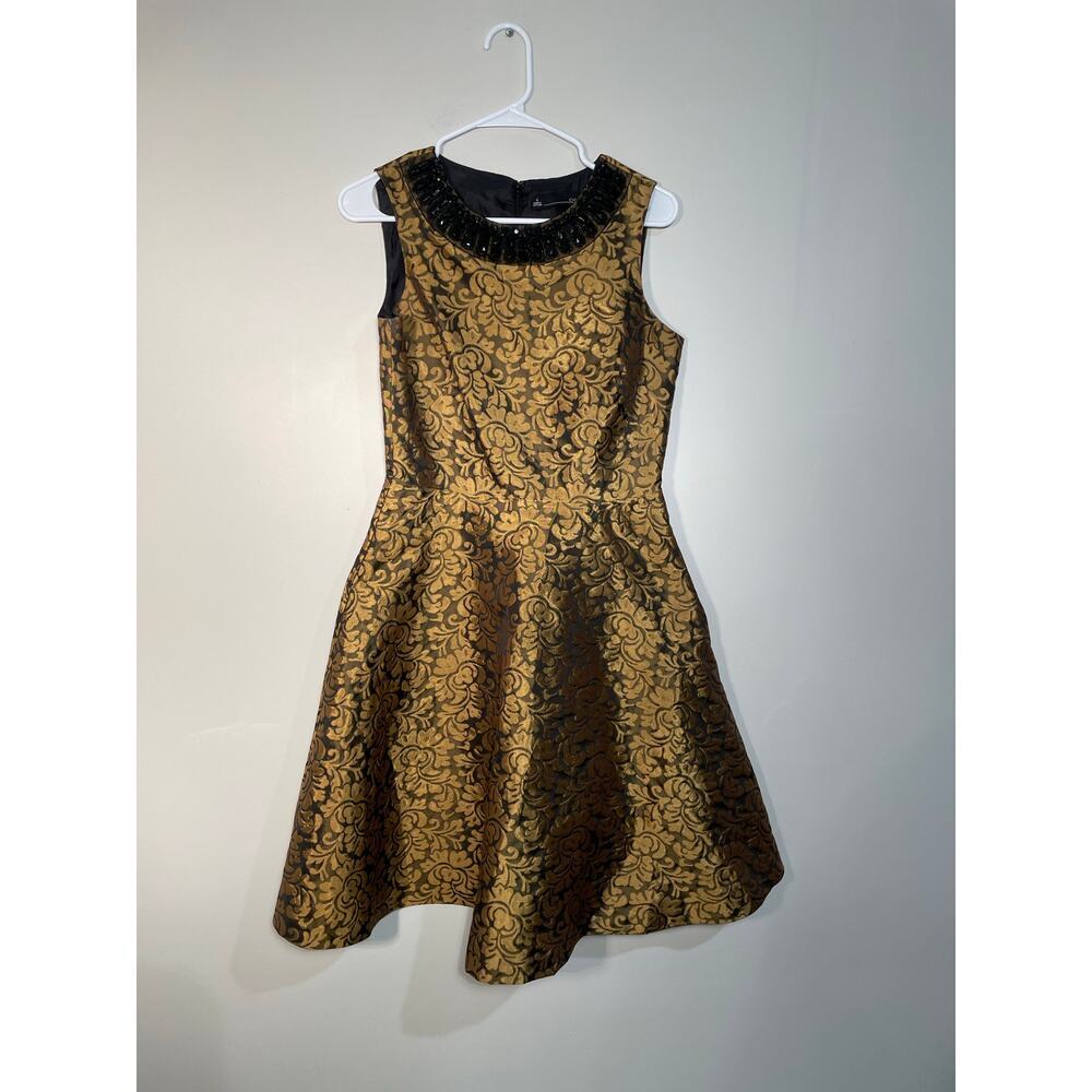 Chetta B Gold Floral Brocade Fit and Flare Beaded High Neck Dress‎